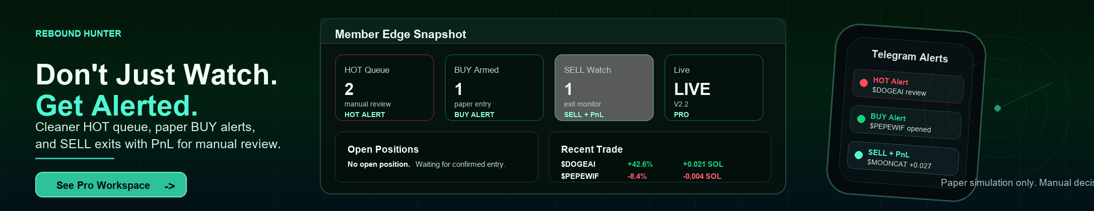 Don’t Just Watch. Get Alerted. Rebound Hunter Pro adds cleaner queues and faster Telegram alerts for manual review.